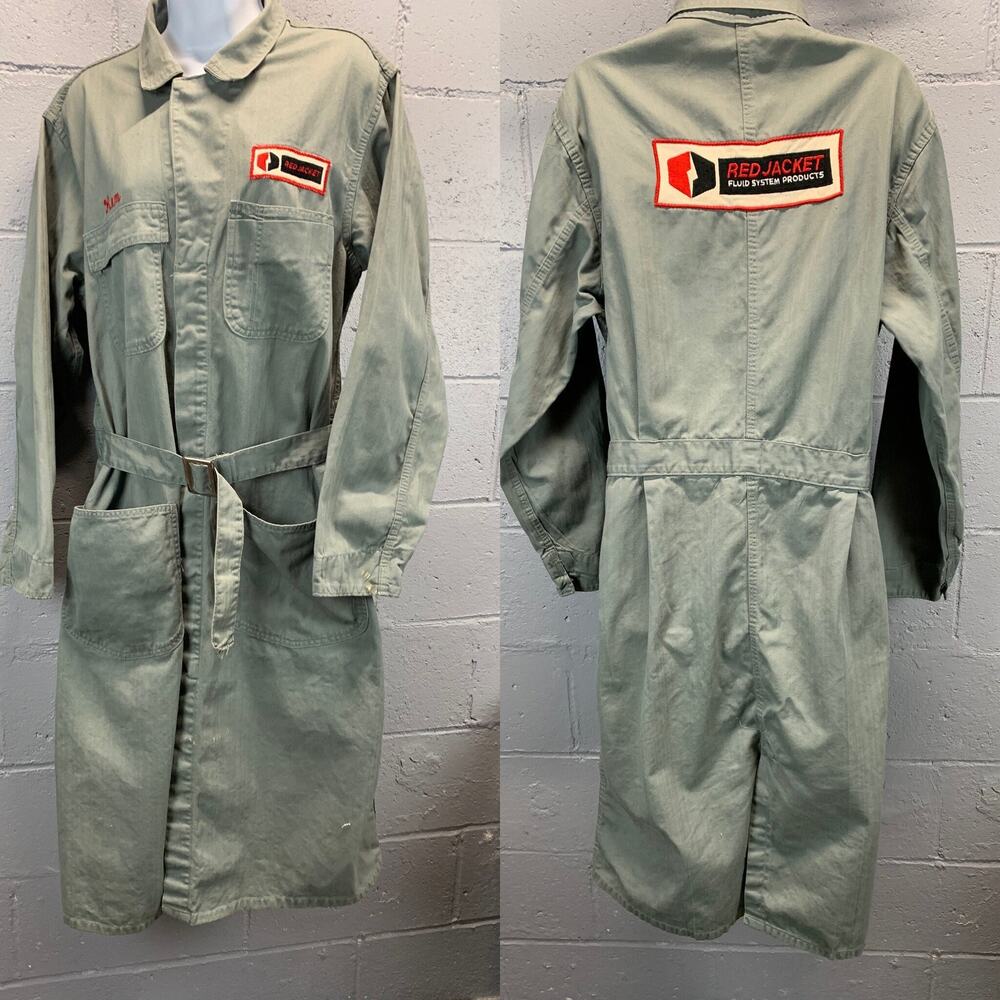 Vtg 50s/60s Herringbone Coverall Trench Coat Mechanic Coat Chain Stitch B13